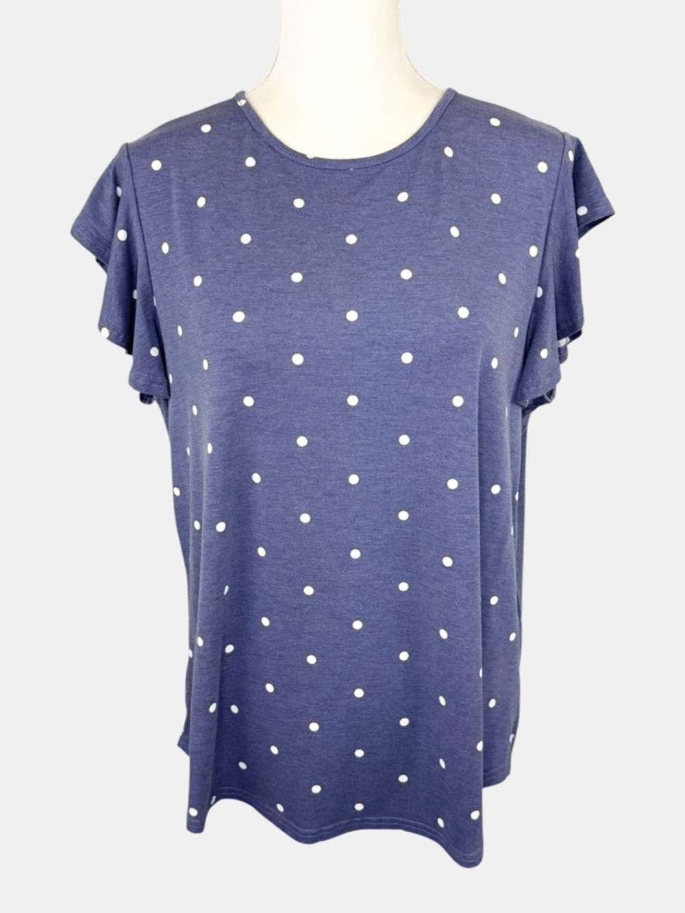 Polka Dot Flutter Sleeve Tee L Denim Blue & White Ruffle Short Sleeve Casual